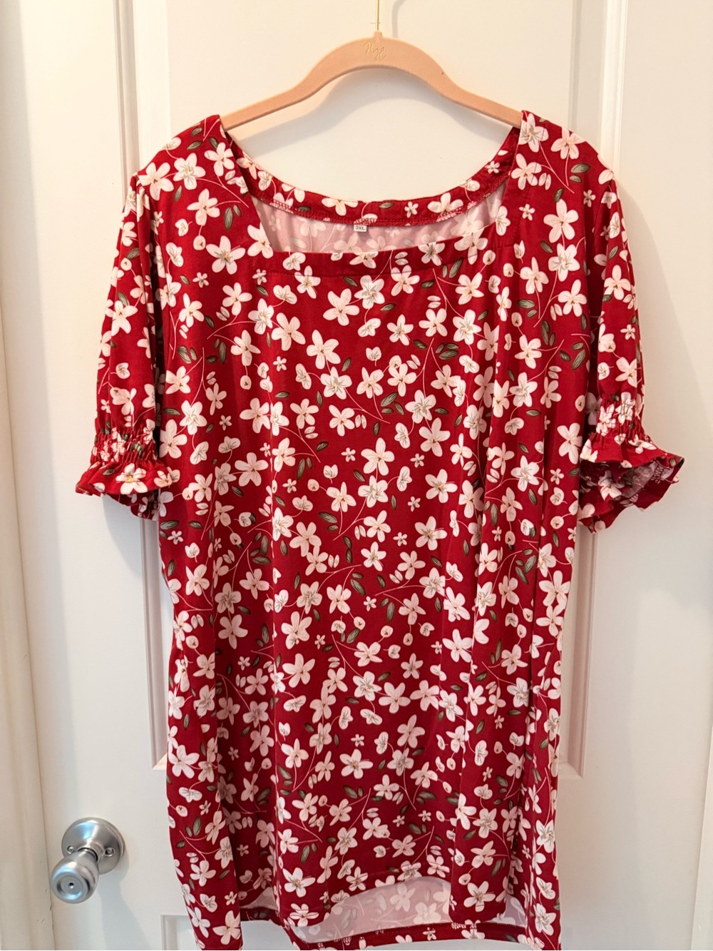 Women's Red Floral Tunic Top with Ruffle Sleeves